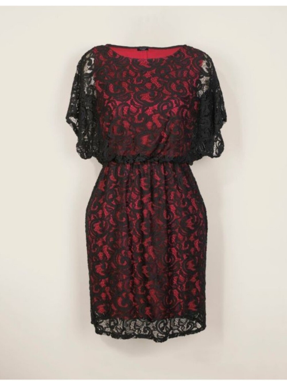 Black Lace Overlay Red Sheath Dress